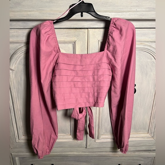 vestique Tops - Vestique Boutique Pink Puff Sleeve‎ Square Neck Cropped Tie Back Emery Blouse
